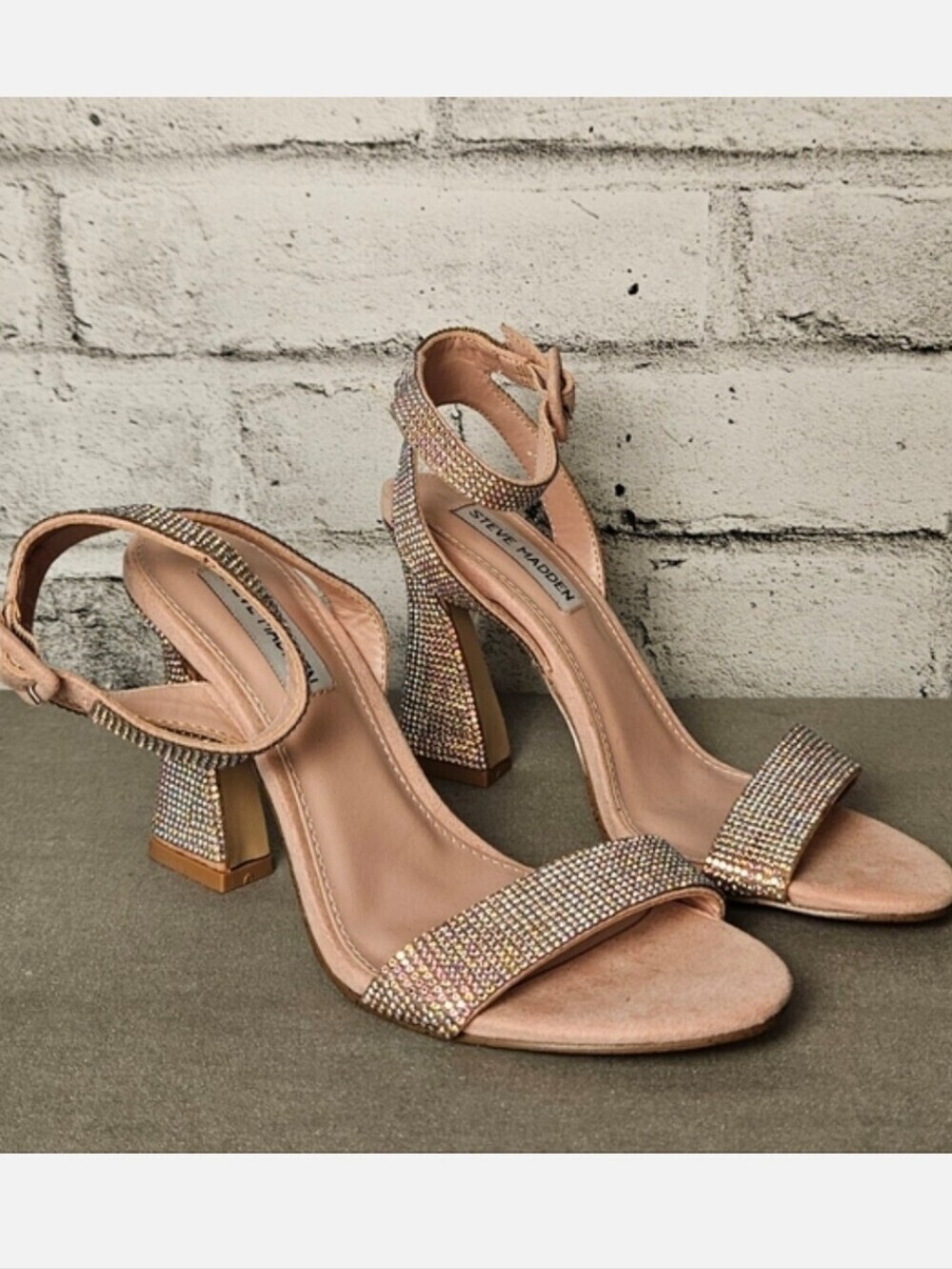 Steve Madden Rhinestone Heels Blush Pink Ankle Strap Block Heel 6